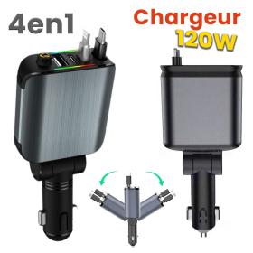 Chargeur Voiture 4en1 Rétractable 120W – شاحن سيارة متعدد المنافذ